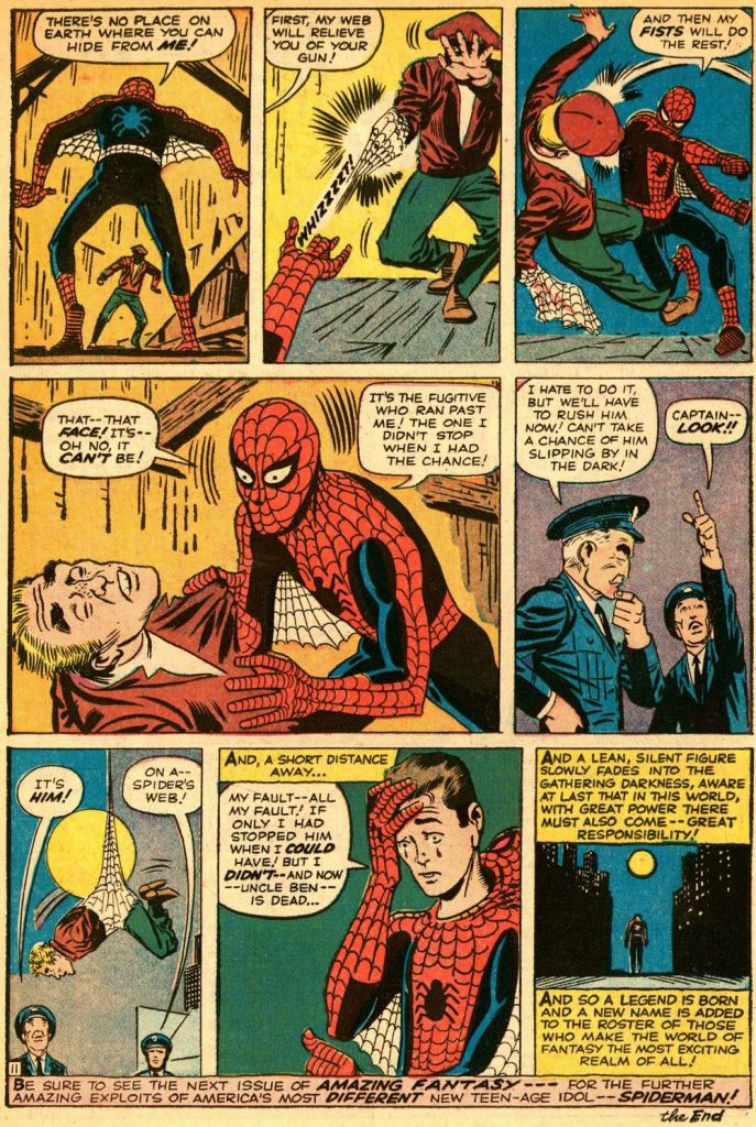 From Amazing Fantasy #15, featuring the origin and first appearance of Spiderman. Story by Stan Lee; art by Steve Ditko.