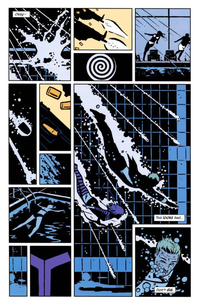 Page from Hawkeye #2. Art by David Aja; Written by Matt Fraction, with art by David Aja. Published by Marvel Comics